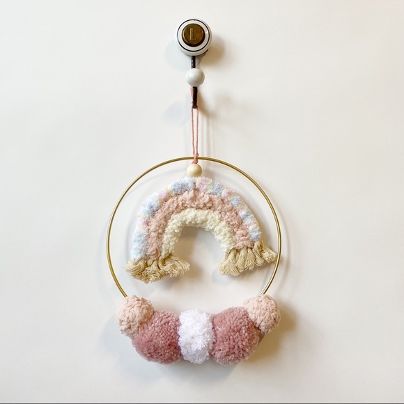 Rainbow Pom Pom Baby Nursery Wreath Pink Handmade - Picture 3 of 5